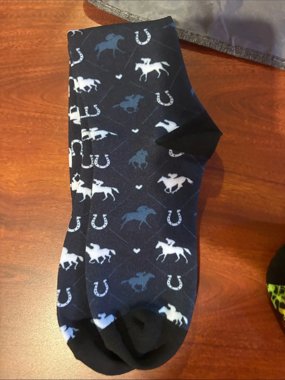 Pair of Patterned Crew Socks - Navy Horse Print & Black Neon Gradient